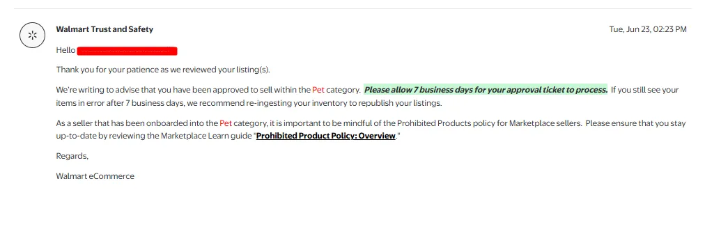 Walmart Pet category approval